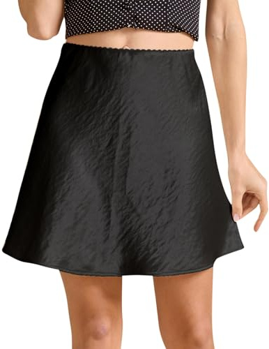 FGVFCS Gonne da donna Minigonna in raso A-Line Gonna elastica in vita in seta gonne corte fragili satinate estive da donna eleganti abiti da cocktail Clubwear Sottogonna Uscire Raccogliere, Nero 35