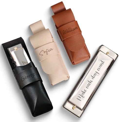 UIDMEN Personalisierte Mundharmonika mit PU-Ledertasche, individuell gravierte Blues-Mundharmonika für Kinder, Teenager, Studenten, Vatertagsgeschenke, Geschenke für Musikliebhaber