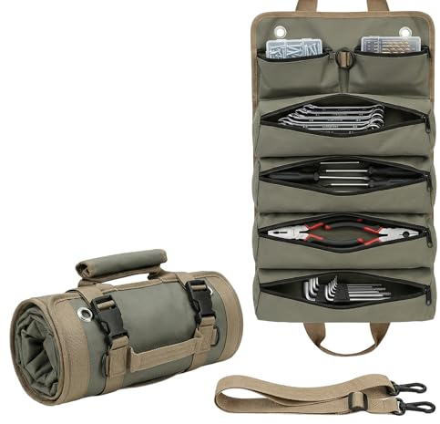 Yobobo Werkzeugtasche Roll-Up, Oliv/Beige, 6 Fächer mit Reißverschluss, Tragegurt, Wandmontage, Organizer für Schraubenschlüssel, Zangen, Schraubendreher