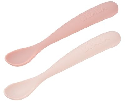 BÉABA 2er-Set Silikon-Babylöffel ab 4 Monaten – Weich, Abgerundete Spitze, Langer Ergonomischer Griff, Transportbox, Staubabweisendes Finish – Farben Zuckerwatte/Marshmallow