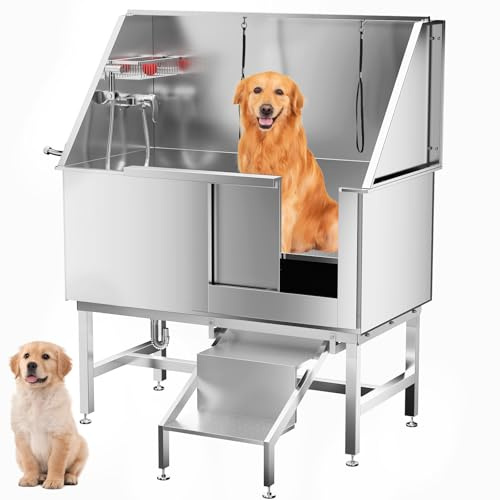 Dog Washing Station 50 Dog Grooming Tub with Right Stair& Faucet, Stainless Steel Dog Bathing Station for Home,Dog Bathtub for Large,Medium,Small Pets