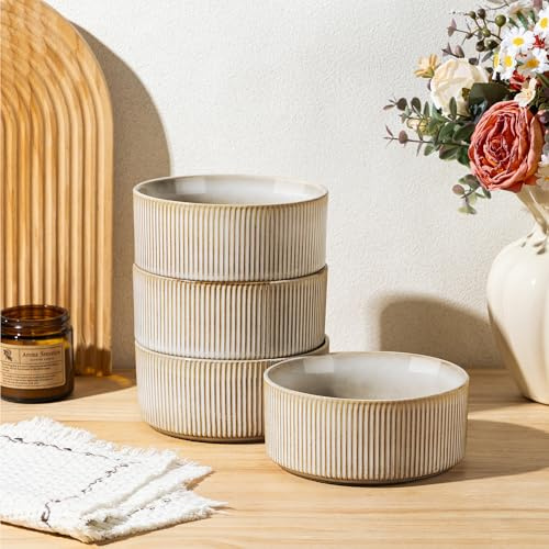 GBhome Set med 4 st handgjorda keramiska flingskålar för flingor, soppa, sallad, eleganta köksskålar, måltidsskålar, diskmaskins- och mikrovågsugnssäker, reaktiv glasyr, cappuccino