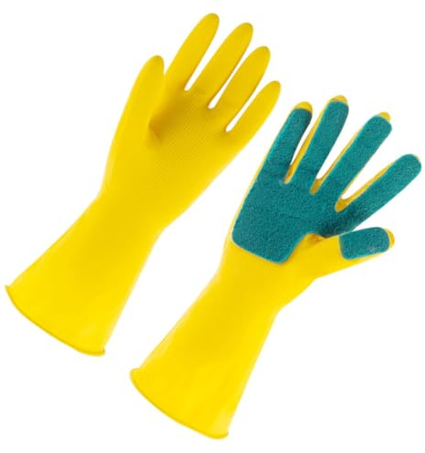 MOLUCKFU Yellow Latex Cleaning Gloves with Sponge for Kitchen Dish Washing and Car Cleaning Reusable with Strong Absorbent and Stain Removing Features