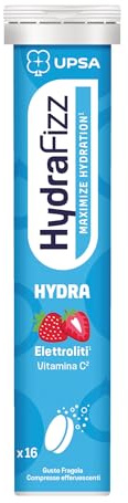 UPSA Hydrafizz Hydra, 16 Compresse Effervescenti, Integratore Alimentare con Elettroliti e Vitamina C, Gusto Fragola, Contro Stanchezza