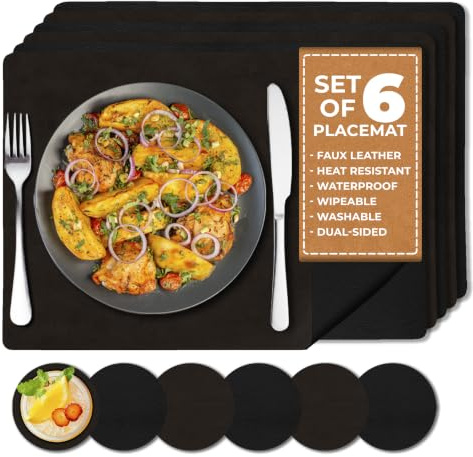 Manteles Individuales Doble Cara y Posavasos Set 6, Negro/Marrón