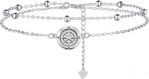 Gkmamrg Kompass Fußkettchen aus 925 Sterling Silber - Symbol für Führung & Abenteuer - Geschenk für Frauen zum Geburtstag, Abschluss oder Strandurlaub