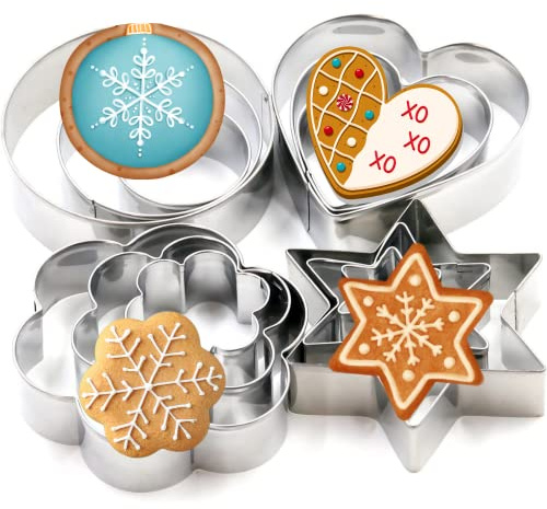 TRIXES 12 Stainless Steel Christmas Cookie Cutters - Stars, Circle, Heart, and Flower Shaped Cookies Cutter Set - Perfect Tools for Christmas Party Pastry and Baking Gift