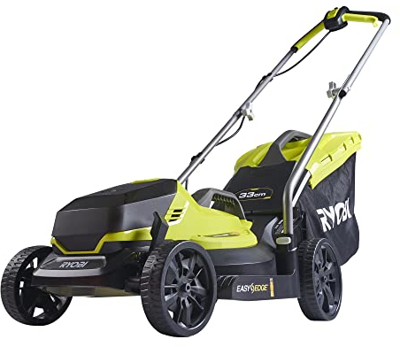 RYOBI 18 V ONE+ Akku-Rasenmäher OLM1833B (Schnittbreite 33 cm, 5-fache Höhenverstellung 25-65 mm, zusammenklappbares Griffgestänge, inkl. Mulchkeil, 35l Grasfangsack, ohne Akku & Ladegerät im Karton)