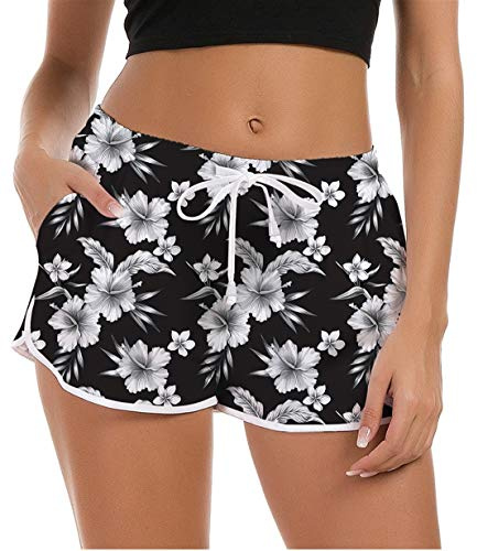 Fanient Badshorts för kvinnor, 3D-grafiska strand- och surfshorts, sommar, badkläder nederdel, nyhet, träning, gym, sportbyxor med justerbar dragsko, XS–XL, Svarta blommor, L