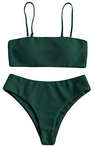 ZAFUL Damen Bikini Set, Texture Bandeau Bikini Set mit Gepolsterter High Cut Sexy Badeanzug (Grün-S)