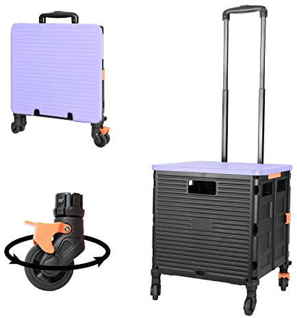 FELICON SELORSS Hopfällbar transportvagn med slitstarkt teleskophandtag, rullande låda, handvagn, kraftig, 4 roterande hjul, för resor, shopping, flytt, bagage, kontor (svart + lila)