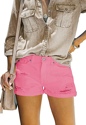 Metietila Damen-Jeansshorts mit hoher Taille, dehnbar, mit Bündchen am Saum, Pink, Klein