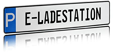 Individuelles Parkplatzschild 520x110mm mit P-Symbol aus Aluminium Wunschkennzeichen mit eigenem Text Wunschname für Parkplatz Schild (19 P - E Ladestation)