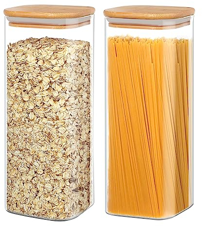 YUEYEE 2 Confezioni Porta Cereali da Colazione Contenitori in Vetro da 2100 ml con Coperchio in Bambù per Spaghetti Pasta Riso e Cereali