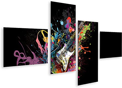 islandburner Bild auf Leinwand Elektrische Gitarre Bunte Farbspritzer Schwarzer Hintergrund Hard Rock Bilder Wandbilder Poster IUYJ-4LP