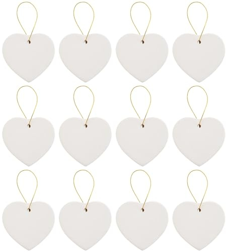Creative Hobbies Ready to Paint DIY Glazed Porcelain Ceramic Heart Shape Ornaments with Hanger for Christmas Tree and Holiday Decoration | Pack of 12