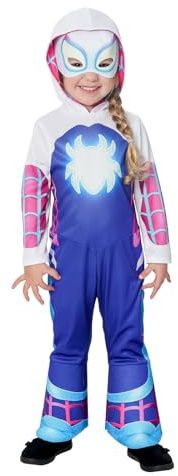 Rubies Ghost Spider Glow in Dark Preschool kostym för flickor, jumpsuit, stövel- och masköverdrag, Marvel-officiella för karneval, jul, födelsedag, fest och Halloween.