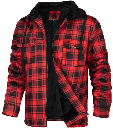 LBL Men's Hoodies Full Zip Up Fleece Jacket Casual Plaid Shirt Hooded Sweatshirts Winter Thick Coats with Pockets BS008 Red XL