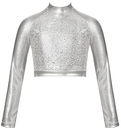 iEFiEL Mädchen Metallic T-Shirt Rollkragen Top Langarm Oberteil Bauchfrei Crop Top Sport Tanztop Kurz Tanzbekleidung Silber 140