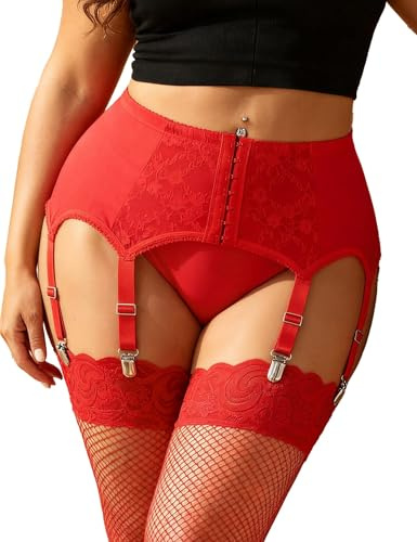 comeondear Porte-Jarretelles Sexy Femme Dentelle Porte Jarretelle Transparent avec 6 Pince Jarretière Grande taille Guêpière Vintage Taille Haute pour Lingerie Bas Rouge,M-L