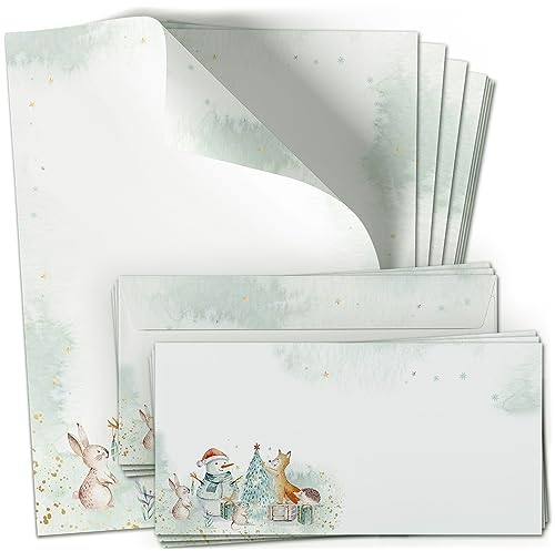 10 Briefpapier mit Briefumschlag SET | Weihnachten Weihnachtstiere Weihnachtspost | Papier und Umschlag mit Design-Motiv bedruckt | 90 g/m²