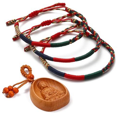 LUCKY BUDDHIST 3 Bracciali Tibetani Buddisti Regolabili – Bracciali in Corda Intrecciata per Uomo e Donna – Include Portachiavi Buddha in Legno