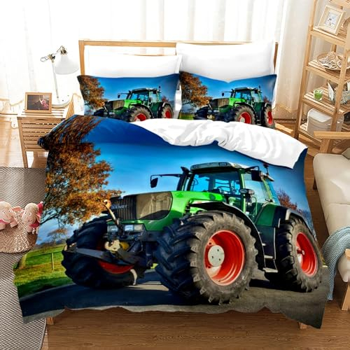 BJCJGGL Bettwäsche 200x220 Grünes Traktor Bettwäsche-Set mit Reißverschluss Schließung und 2 Kopfkissenbezug 80x80 cm - Weiche Angenehme Mikrofaser Bettbezug für Erwachsene Kinder