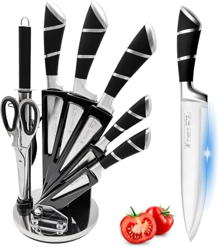 Kitchen Knife Sets, 9 Pieces Black Chef Knives Block Set with Acrylic Block, Sharp Non-Stick Coated Stainless Steel Knife Set with Sharpener for Cutting Meat Slicing Chopping (Black)