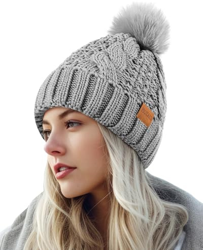PIOZAED Bonnet d'hiver à Pompon pour Femme Bonnet en Tricot Chaud et Confortable Doublure en Polaire Bonnet pour Femme