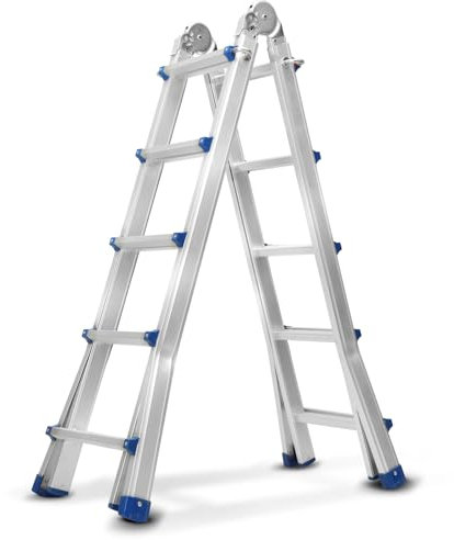 Eulenke 4x5 Sprossen Aluminium teleskopleiter, Einstellbar Rutschfester Sicher A-Rahmen Leiter(Höhe 141-252cm), Zur Nutzung umschaltbar auf Anlegeleiter(Höhe 296-513cm), Belastbar bis 150 kg