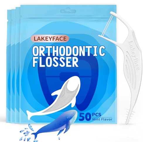 Lakeyface 200 Count Twin-Line Braces Flossers, Orthodontic Flossers for Braces, Fits Under Arch Wire No Damage, Whale Wider Handle with Unique Finger Press, Ortho Dental Floss for Kids & Adults, Mint