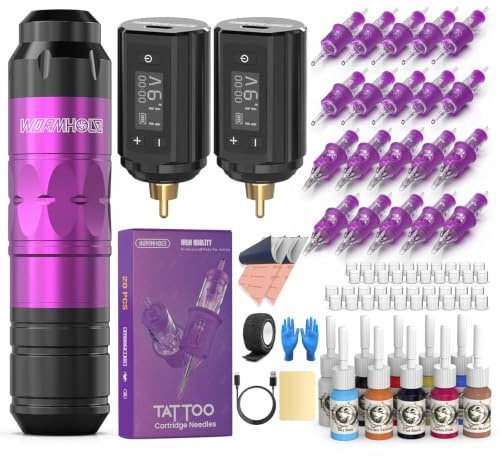 Wormhole Tattoo Maschine Set mit 2 x 1200 mAh Akku, 20 Stück Tattoo Nadeln, 10 tattoo inkster – Drahtlose Tattoo Stifte für Lining und Shading – Ideal für Profis und Einsteiger | 2 Tattoo-Batterien mit 1.200 mAh Kapazität, 20 Patronennadeln mit Fingerleiste, 10 Tintenfarben-Set