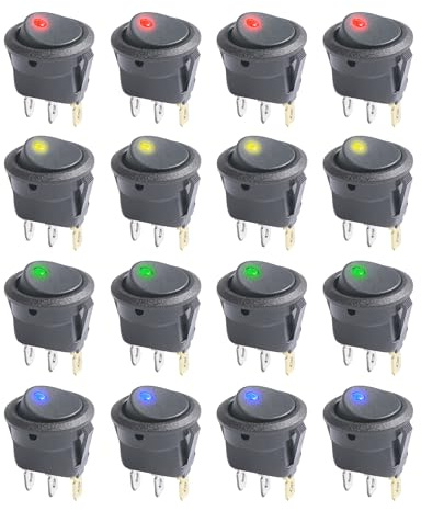 Flaconi 16 PCS Interruptor Coche, 12V, Electrónica, Mini con 5 Colores LED, Luces, Ronda Rocker Botón, Adecuado para Automóvil, Bote, Motocicletas, Camión