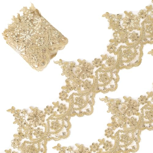 GORGECRAFT 2,74 meter 13 cm bredd guld metallisk Venedigspets trim paljett blomma broderi spetsband applikation sömnad blommig spets krona kant trimning för gör-det-själv hantverk kläder bröllop