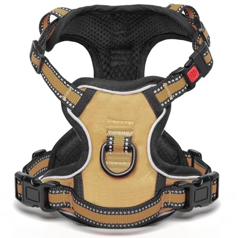 [Neueste Hundegeschirr] BaoCheng Anti Pull Hundegürtel,Kleine/mittlere/große Hunde,Atmungsaktives Mesh, Einfaches Be-und Entladen,3 Schnallen, Sicherheit,Entlastet Husten,Reflektierend(Khaki,XS)