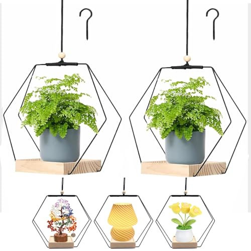AIDODIA Blumenampel Hängend Innen - Hängetopf Für Pflanzen, Hängeampel Mit Holzsockel, Hängetopf Für Pflanzen, Hängeampel Blumentopf Mit 2/3Hooks Für Innen Außen Deko Wohnzimmer Balkon Deko (2PCS)