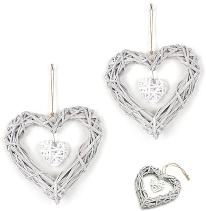 2 Stück Herz Rattan Anhänger, Weidenkranz Herz Rattan Anhänger, Fensterdeko Hängend Deko, Grau Hänger Weidenherz für Photo Wall Display Decor DIY Dekoration Hängen Wand Dekor Rahmen Grau Weiß