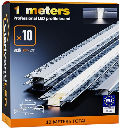 ClarivantiLED 1m×10 Trockenbauprofil Aluminium Profil für LED Streifen bis 20mm,Unterputz LED Leiste mit milchiger Abdeckung,Decken- und Wandmontage,Diffusor,Schattenfuge,Profil für Trockenbau einbau