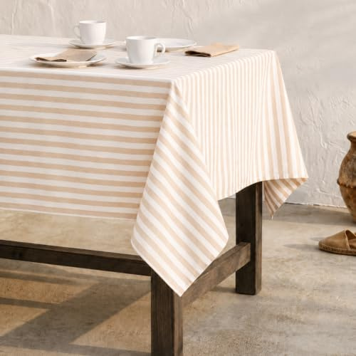 GAMUSI Tischdecke, schmutzabweisend, rechteckig, Baumwollstoff, wasserdicht, Streifen, Beige, 140 x 100 cm