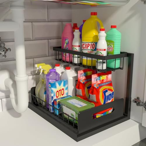 Küchen Organizer, unter Spüle Unterschrank Waschbecken Regal, 2 Etagen Metall Spülenunterschrank Organizer, Schrank Küchenorganizer, Schrankkorb für Küche Bad Waschmittel Putzmittel1 Stück (Schwarz)