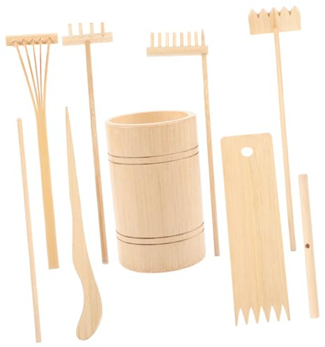 minkissy Mini Râteau De Jardin Zen en Bois Naturel, Ensemble 7 Pièces pour Jardin Zen Miniature, Outils Légers pour Contemplation, Décoration Maison Et Relaxation, Étui en Bambou Naturel