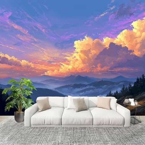 Papel Pintado Salón Dormitorio Atardecer Cielo Azul MontañAs - Fotomurales Pared Tejido No Tejido Decorativos Murales PúRpura Fotográfico Moderno Decoración de Paredes (250x175 cm)