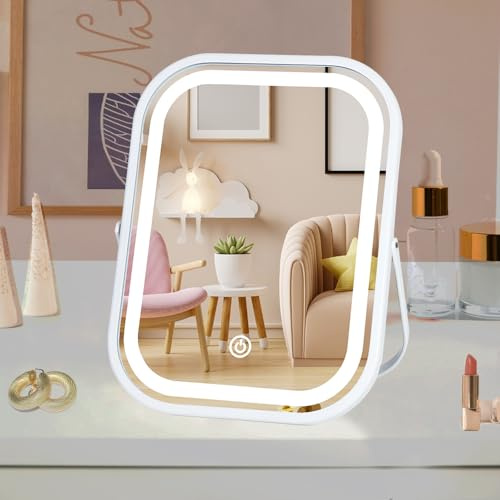 LAKFUES Vanity Mirror with Lights 6x8 Inch, Rechargeable Makeup Mirror for Desk, 3-Color Lighting & Touch Control Tabletop Mirror Lights, Portable Cordless Travel Mirror
