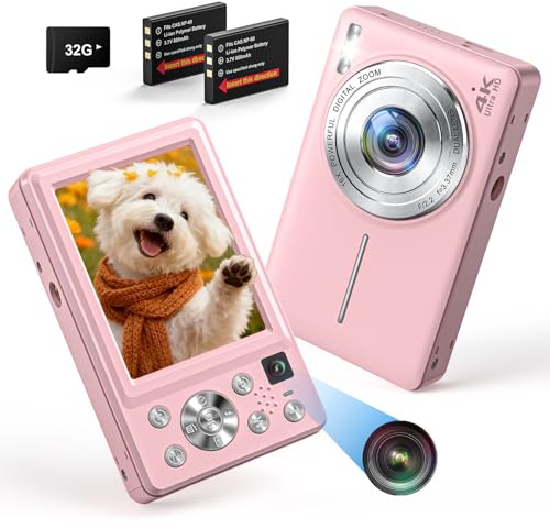 4K Digitalkamera 64MP Autofokus Dual-Kamera Fotokamera mit 32GB Karte, 16X Digitalzoom, Kompakte Fotoapparat Digitalkamera mit 2 Akkus für Teenager Anfänger
