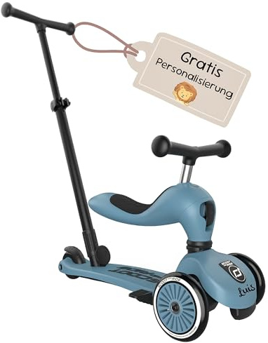 Scoot and Ride Highwaykick 1 Push & Go Steel personalisierbar – 2-in-1 mit Sitz & Schiebestange – höhenverstellbar – für Kinder 1–5 Jahre – mit Namen personalisiert