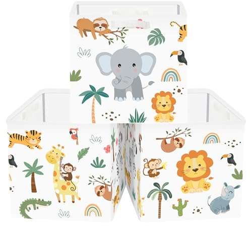 Clastyle Set di 3 Cubi Portaoggetti Ripiegabili Animale Giungla Kallax Contenitori Maniglia per Scaffale Scatole Portaoggetti Genitore per Libro Giochi,Bianco,30x30x30 cm