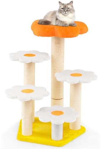 COSTWAY Kratzbaum klein, 90 cm, Blumen-Design, Katzenbaum mit Plüschoberfläche, Sisal-Kratzpfosten & Plattformen, Katzenkratzbaum Holz, Katzen Katzenmöbel, Indoor Kletterbaum, Orange