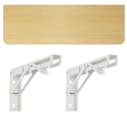 Tavolo pieghevole da parete compatto, banco da lavoro pieghevole per casa, ufficio, cucina e sala da pranzo, piano in legno con 2 staffe in metallo (naturale + bianco)