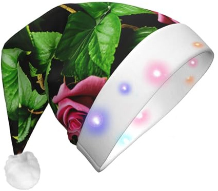 YQxwJL Chapeau d'elfe lumineux en feutre avec motif floral rose lierre avec feuilles, chapeau de Noël lumineux pour adultes pour femmes et hommes, excellent cadeau de vacances