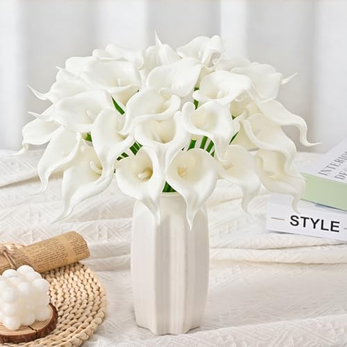 Yastouay 24 Pcs Calla Lily Artificial Flowers, Real Touch Pure White Artificial Flowers Wedding Bouquet, Real Look Fake Flowers for Wedding Home Indoor Outdoor Centerpiece Decor